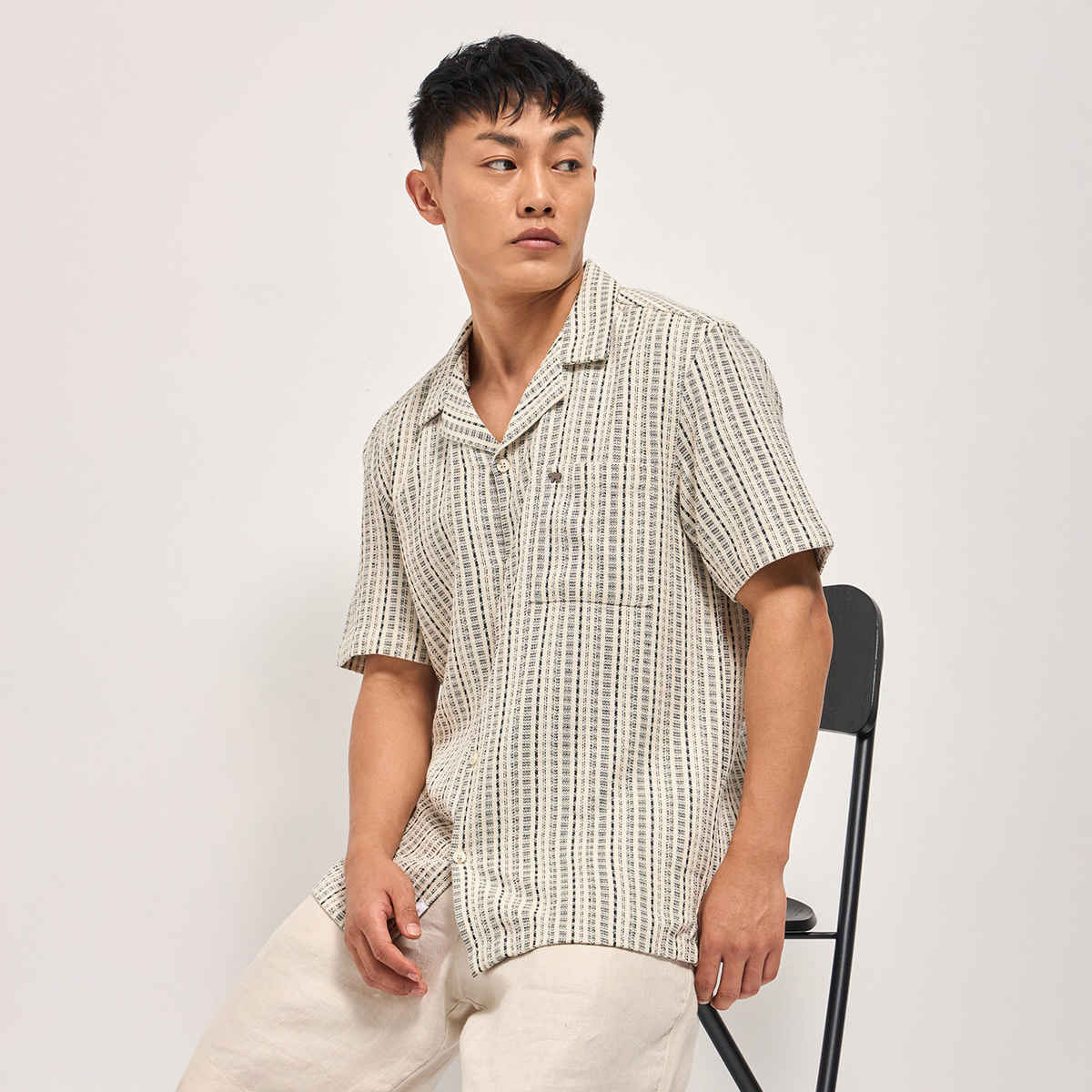 THE BEAR HOUSE Men's Pure Cotton Striped Regular Fit Shirt | TBH-PUNTILO-CR | Cream - L