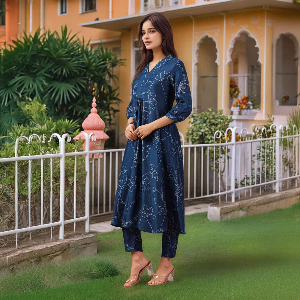 GoSriKi Women's Viscose Rayon Anarkali Printed Kurta with Pant | MARUP | Blue - L