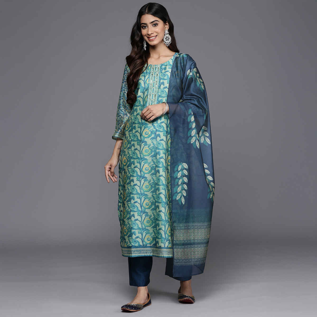 Varanga Women's Floral Printed Straight Kurta Paired with Tonal Bottom and Dupatta | Blue - S