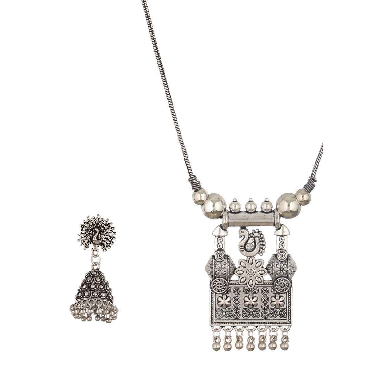 Aatmana Silver-Plated Peacock Shaped Oxidized Jewellery Set