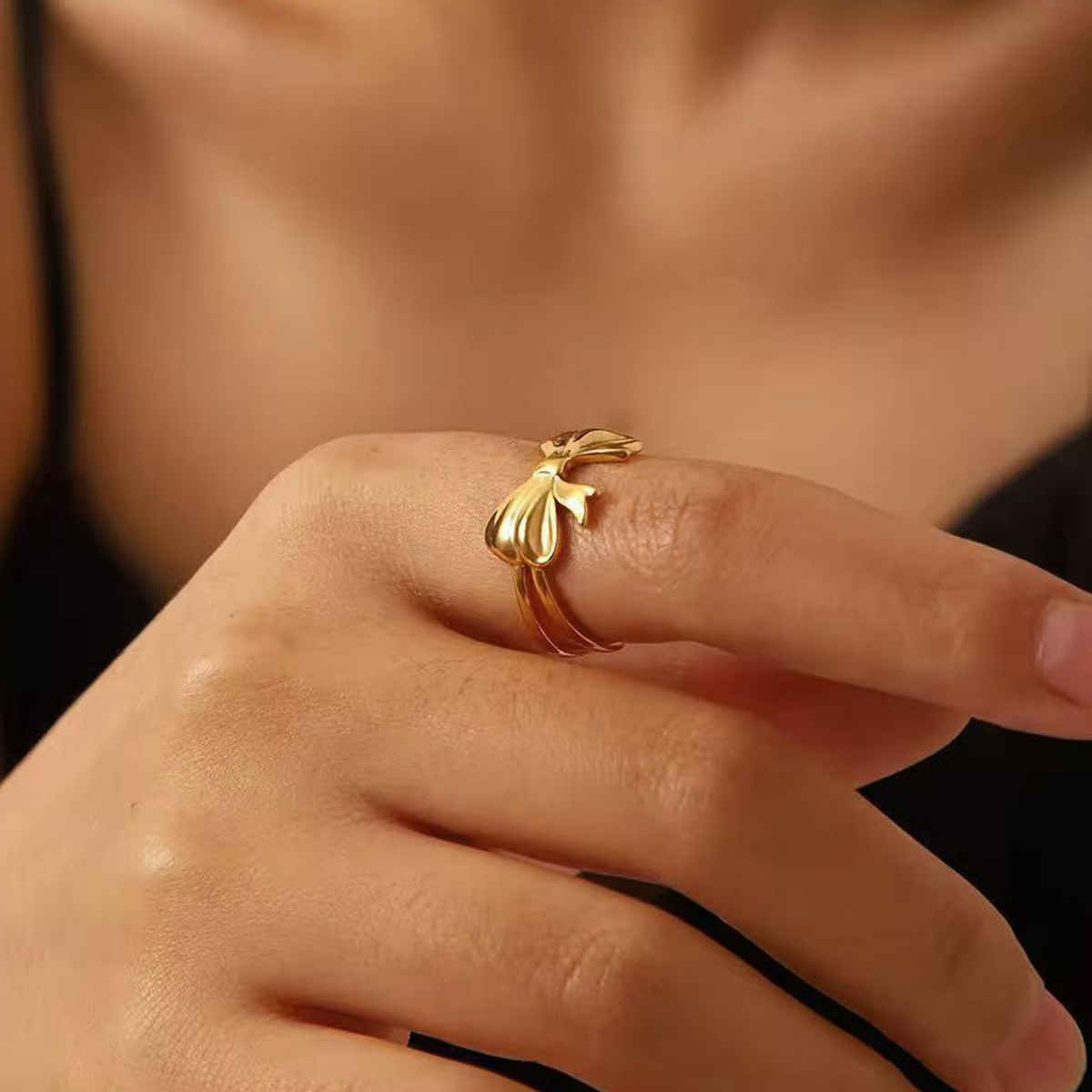 Label She Gold-Plated Stainless Steel Bow Themed Adjustable Ring | LS-RNG-72202