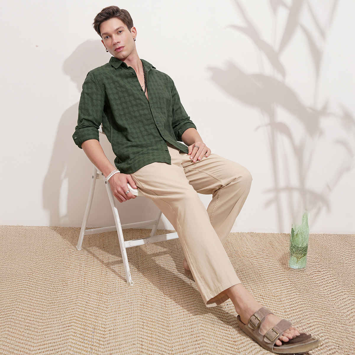 HIGHLANDER Men's Dobby Textured Solid Casual Slim Fit Shirt | Bottle Green - XL