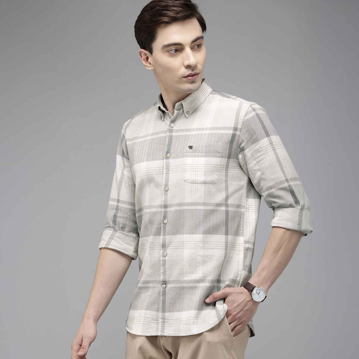 The Bear House Men Slim Cream & Grey Checked Shirt Style-Amber Color -Cream Size - XXL