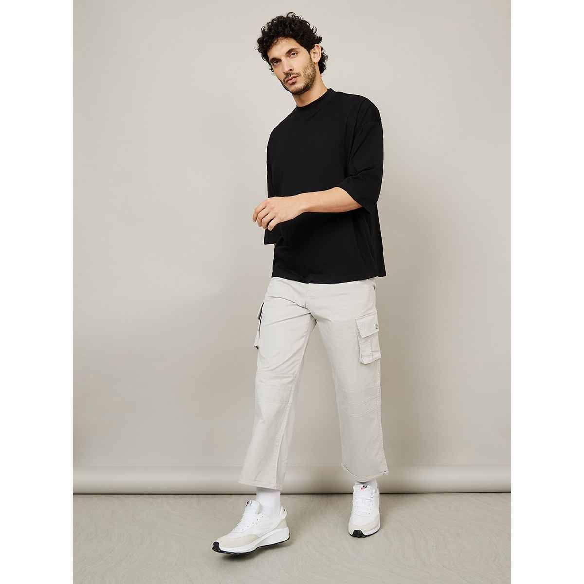 Styli Men's 3/4 Sleeve Drop Shoulder T-shirt with Cartoon Print | Black - XL