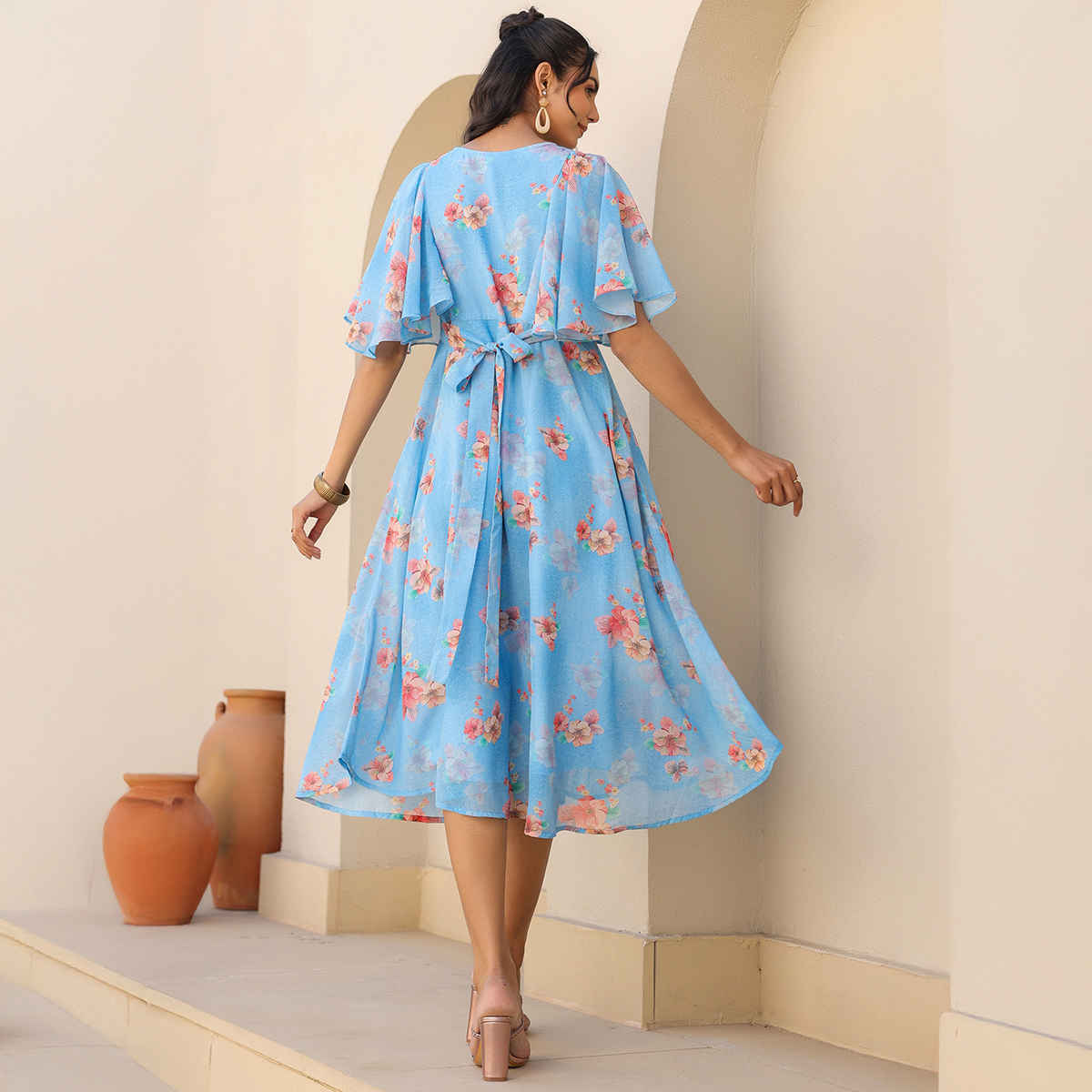 Janasya Women's Georgette Floral Printed A-line Dress | Blue - S