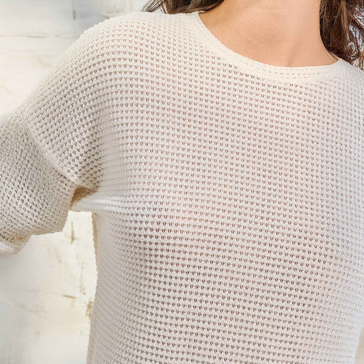 Styli Women's Oversized Solid Textured Curved Hem T-shirt | Beige - M