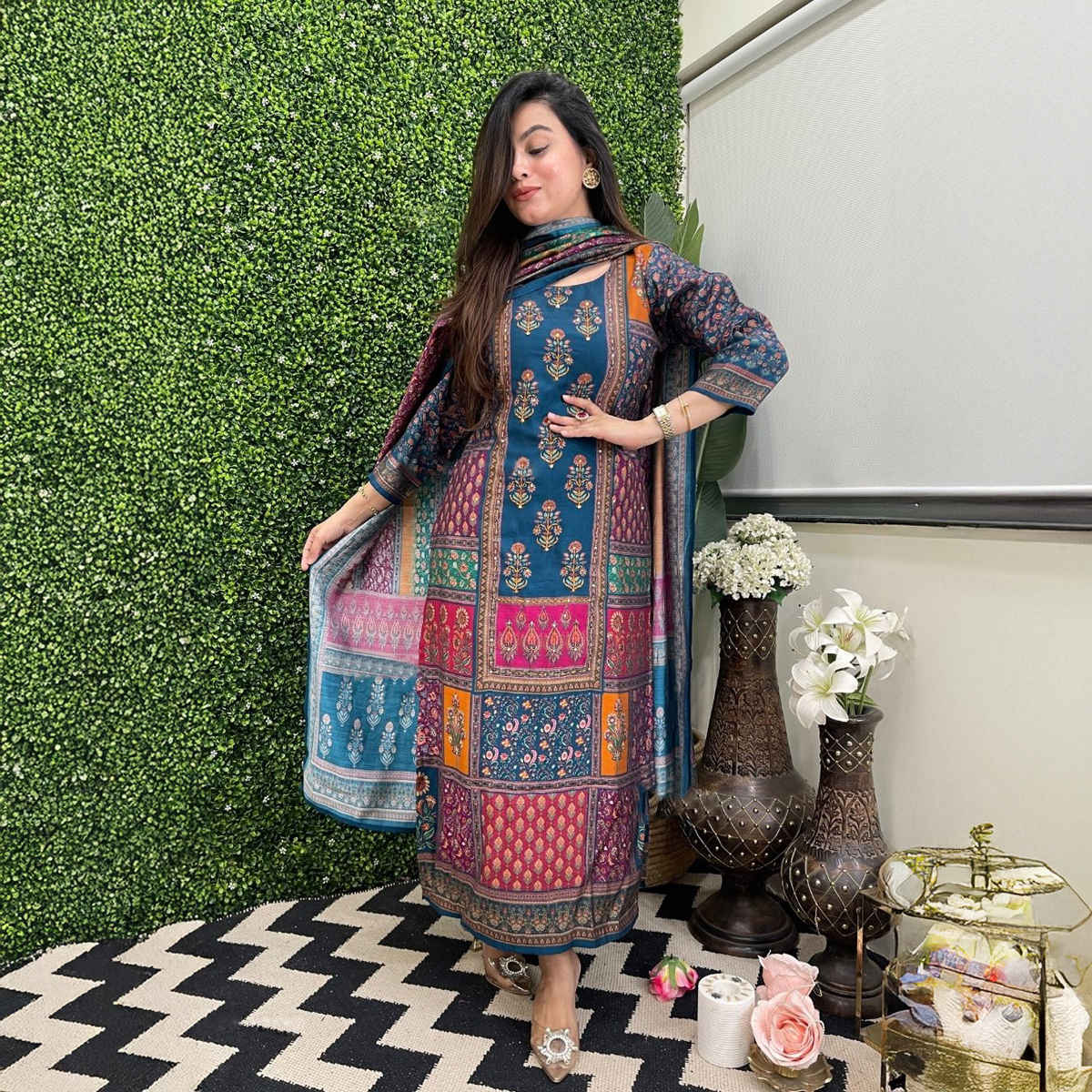 GoSriKi Women's Rayon Blend Straight Printed Kurta with Pant & Dupatta | SULA | Multi - XL