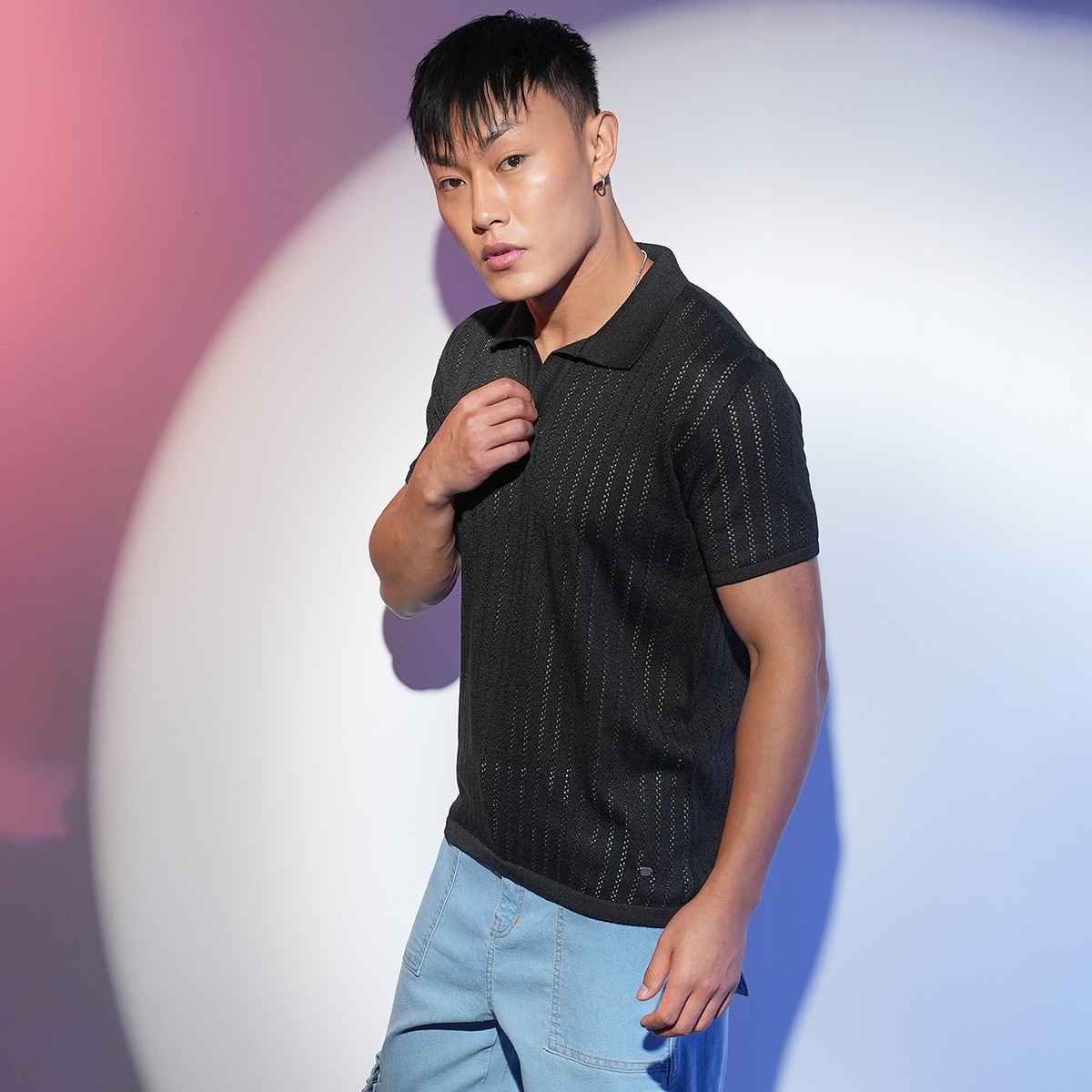 Campus Sutra Men's Stripe-Textured Polo T-shirt | Black - S