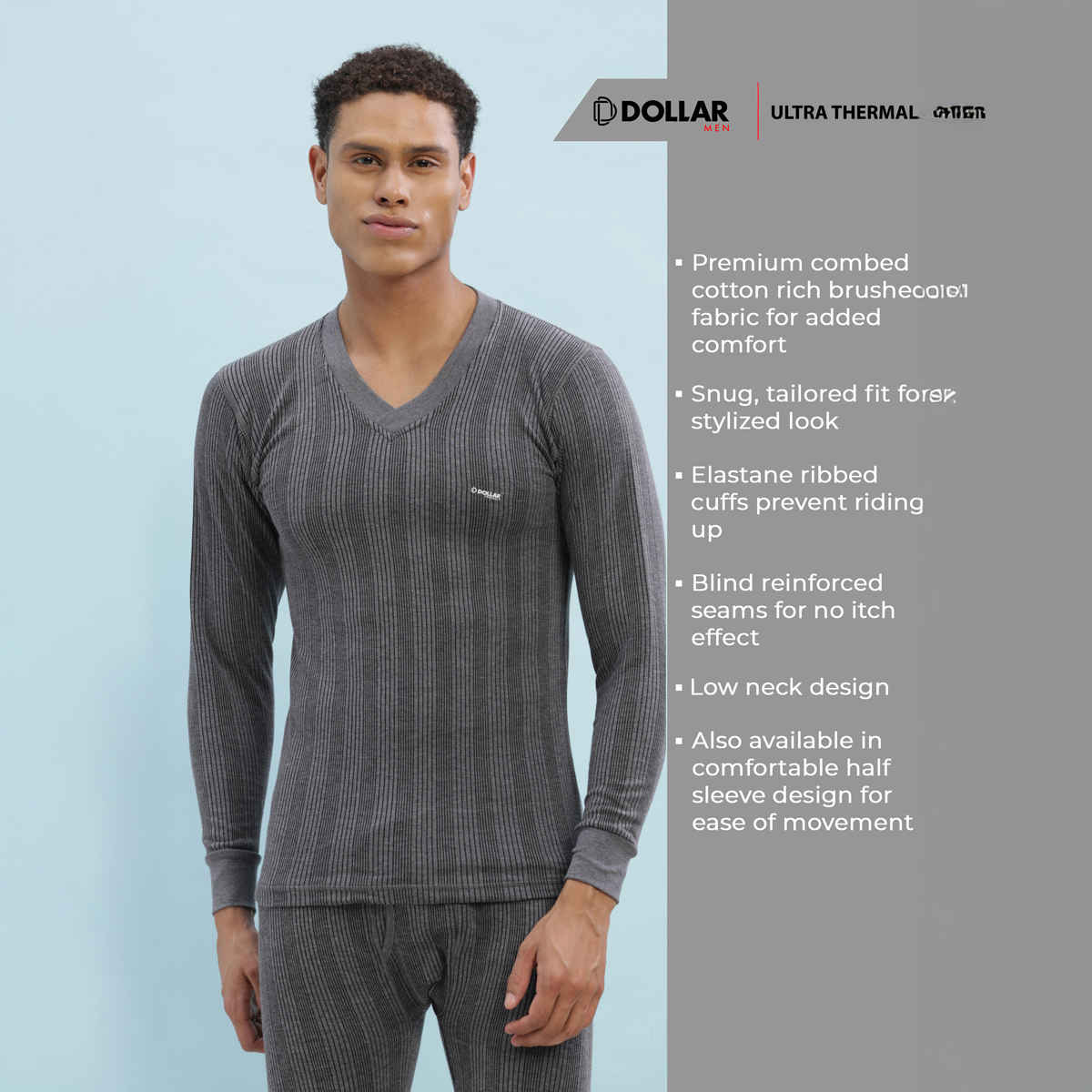 Dollar Ultra Men's Combed Cotton Thermal V-Neck Full Sleeve Top | Charcoal Melange-S