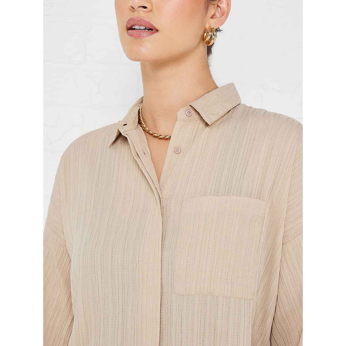 Styli Women's Longline Shirt with Drop Shoulder, Oversized Fit and Crepe Fabric | Beige - S