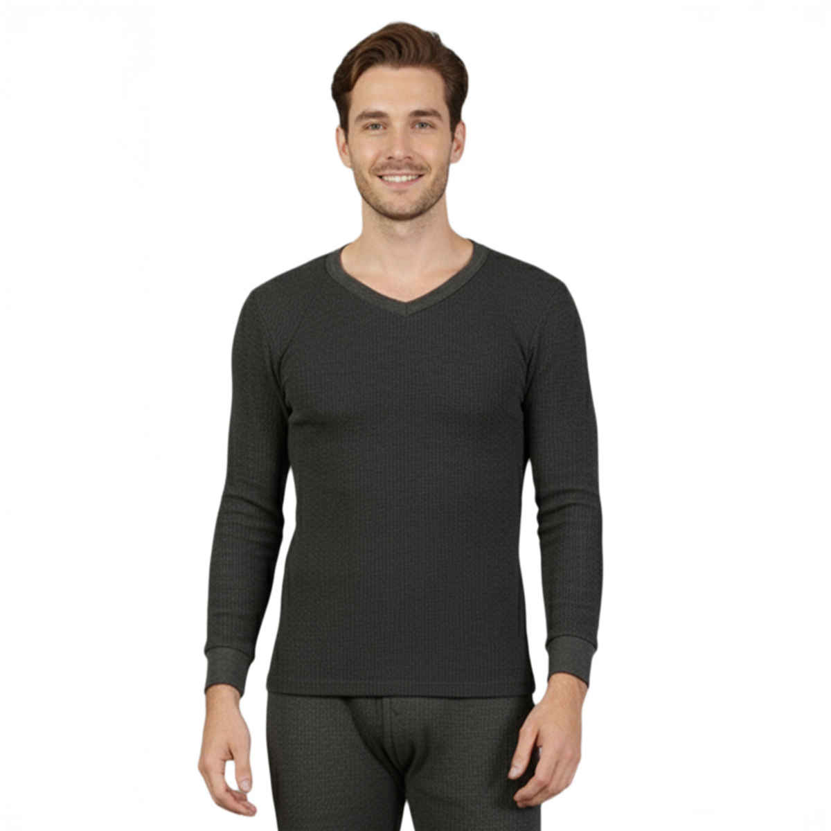 Lux Cozi Men's Heatek Thermal Comfort, Stretchable & Super Warm V-Neck Top | Black Melange-100