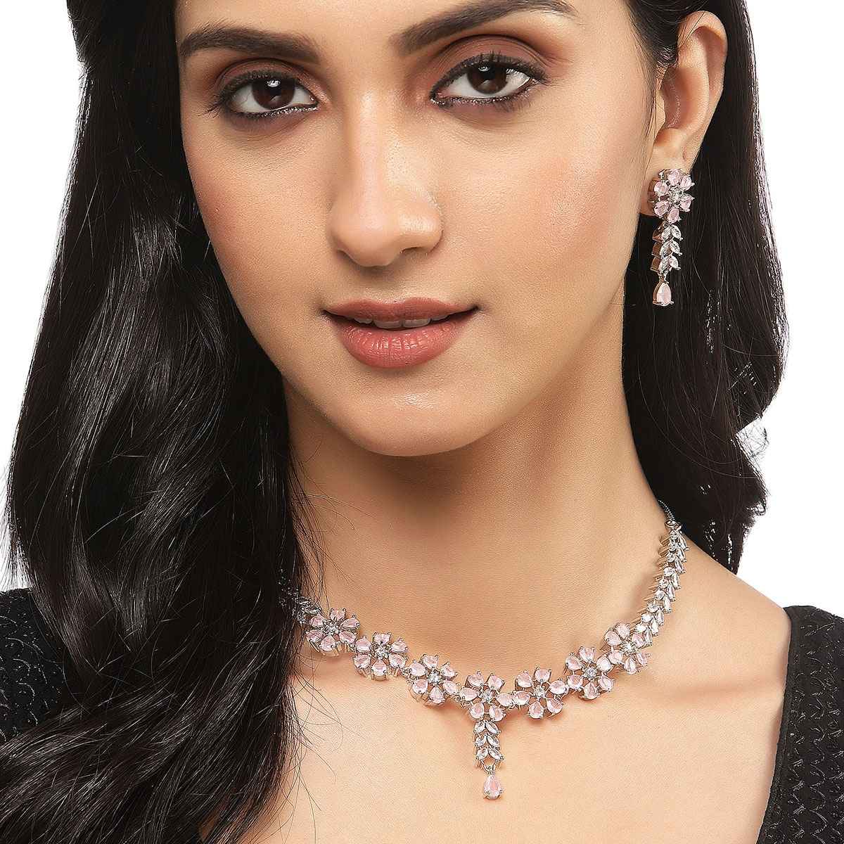 Zeneme Rhodium-Plated Pink American Diamond Necklace Earrings Jewellery Set for Women & Girls