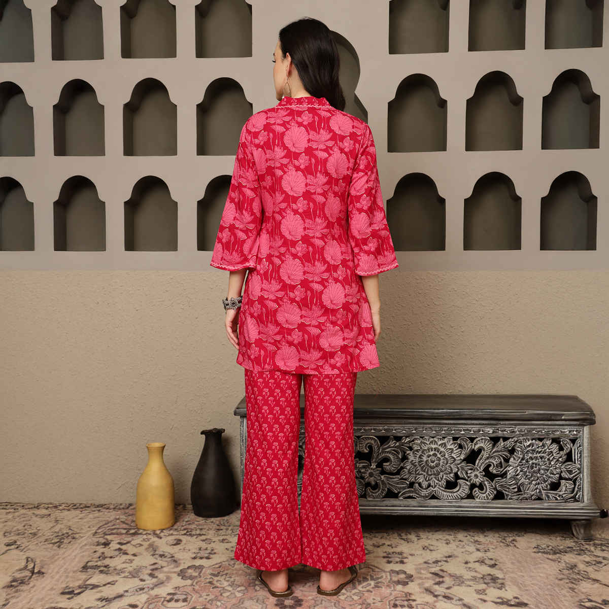 Bandia Women's Floral Printed Lace Embellished Co-Ords Set | Red - XL