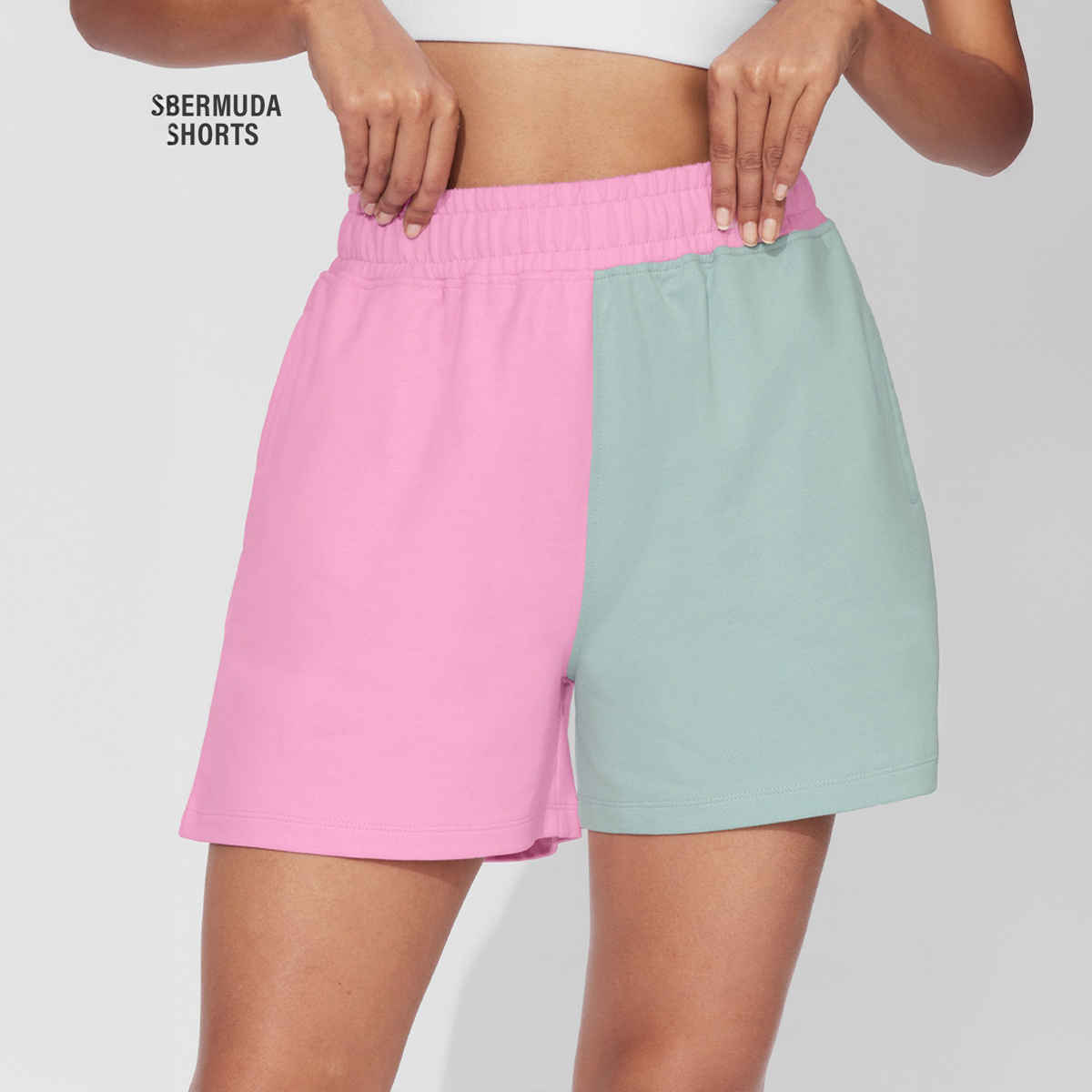 The Souled Store Women's Solids Colourblock Shorts | Pink Green - L