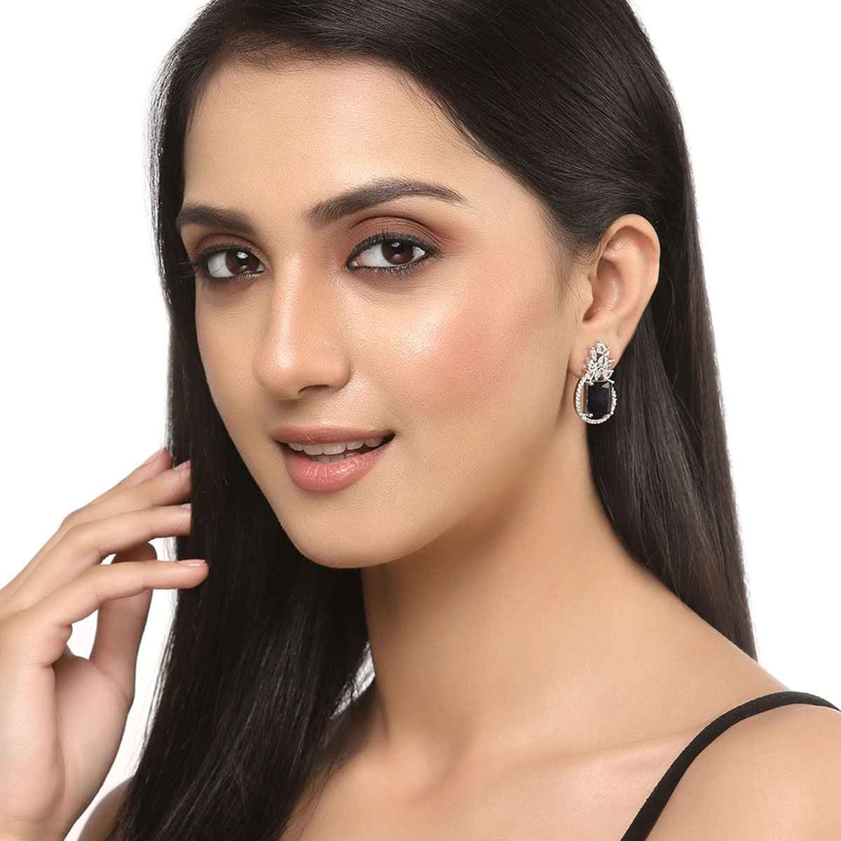 Zeneme Rhodium-Plated American Diamond studded Paisley Shaped Studs Earrings For Women & Girls