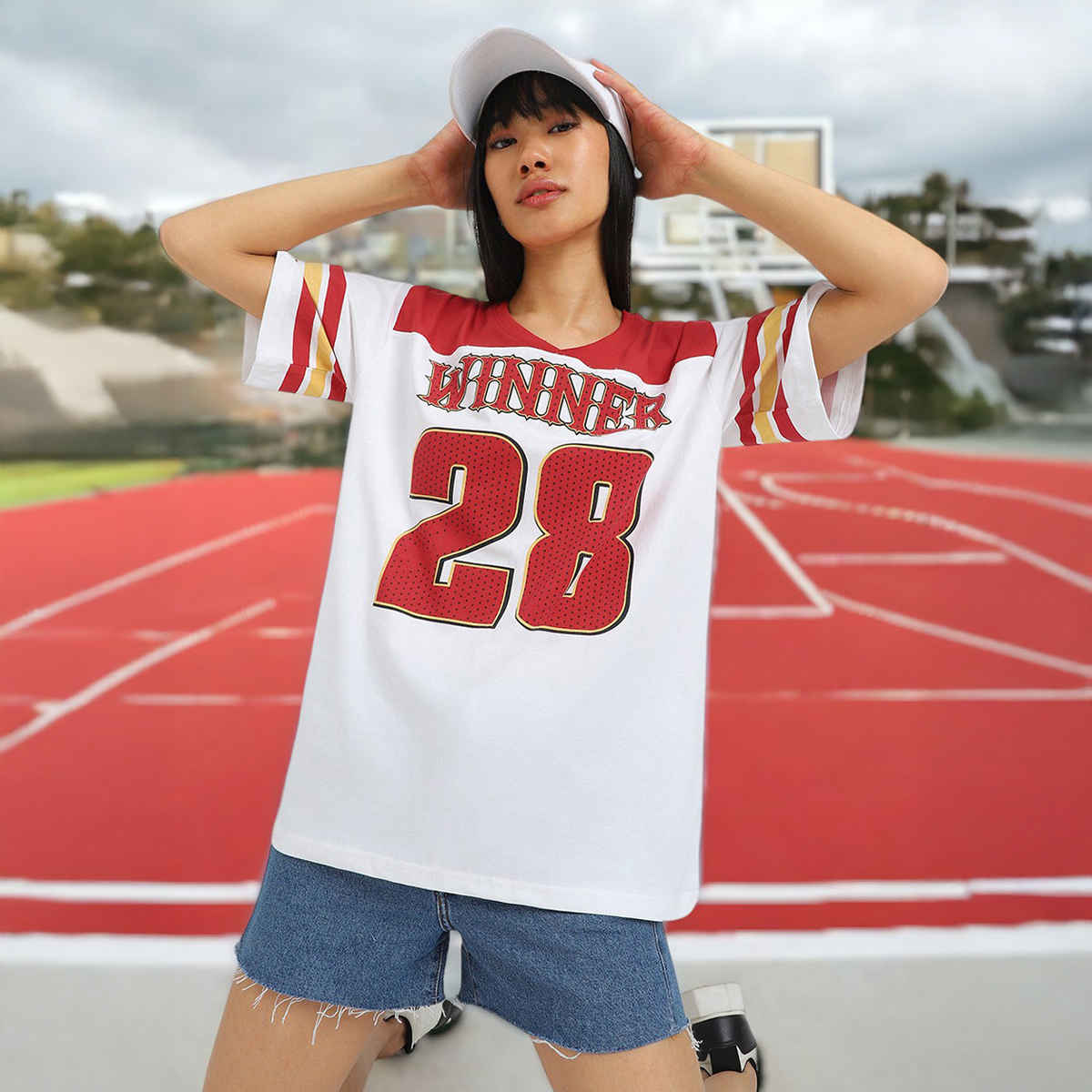 JUNEBERRY Women's Winner Graphic Printed Oversized T Shirt | OS WINNER 786 RD M | White - M