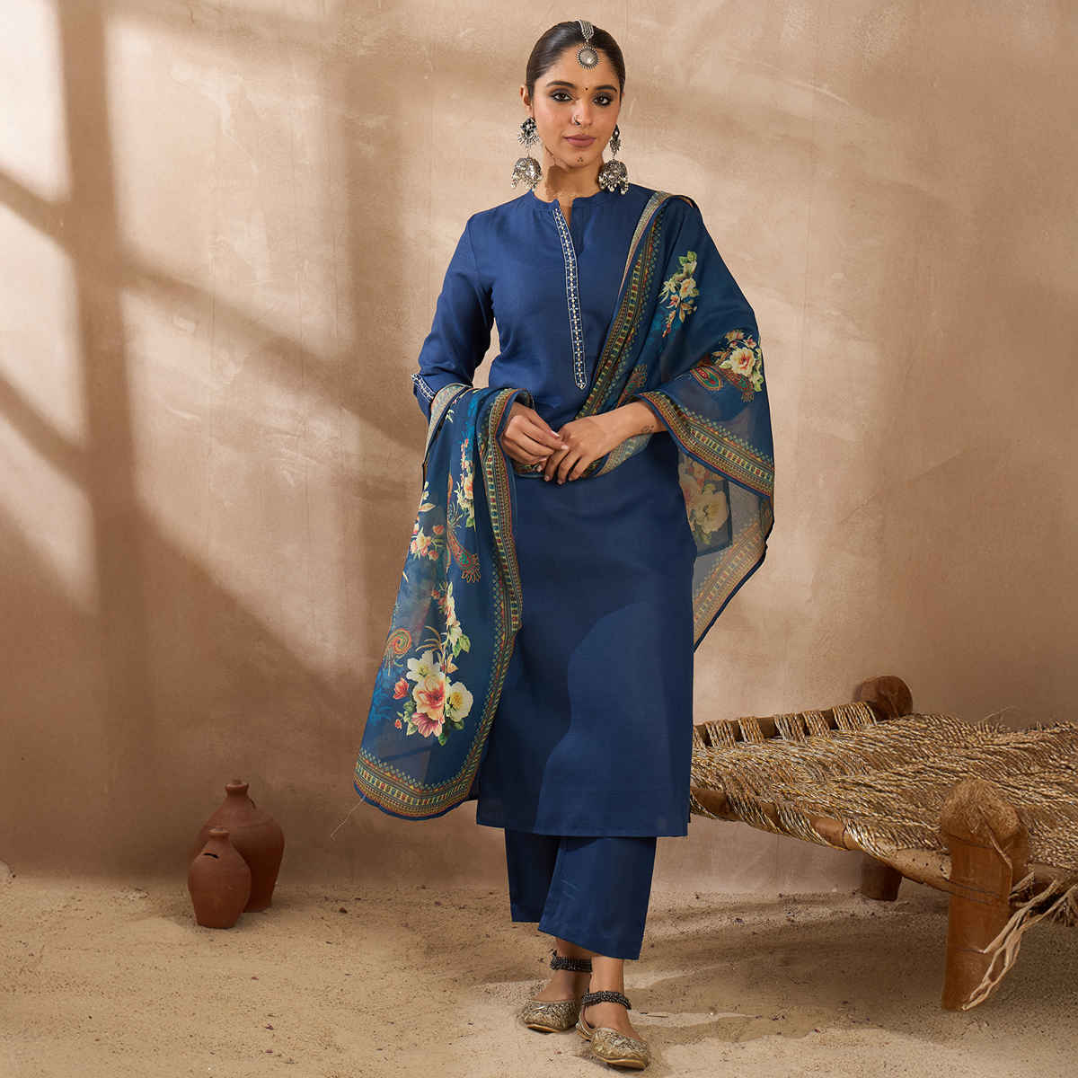 INDO ERA Women's Embroidered Straight Kurta Trouser with Dupatta Set | Blue - XL