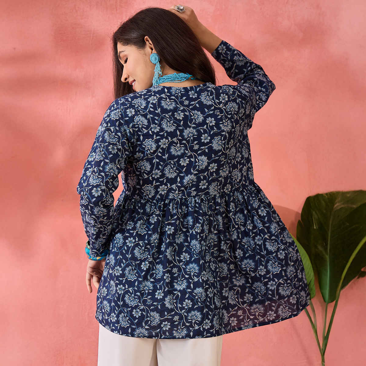 Bandia Women's Floral Printed Flared Top | Blue - XL
