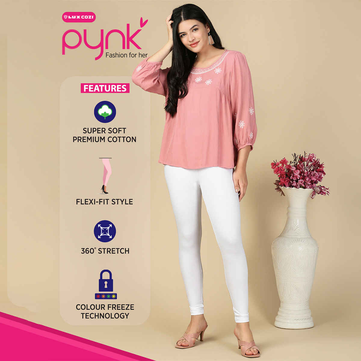 PYNK By Lux Cozi Flexi-Fit 360 Stretch Ankle Length Premium Cotton Leggings | White|Free Size