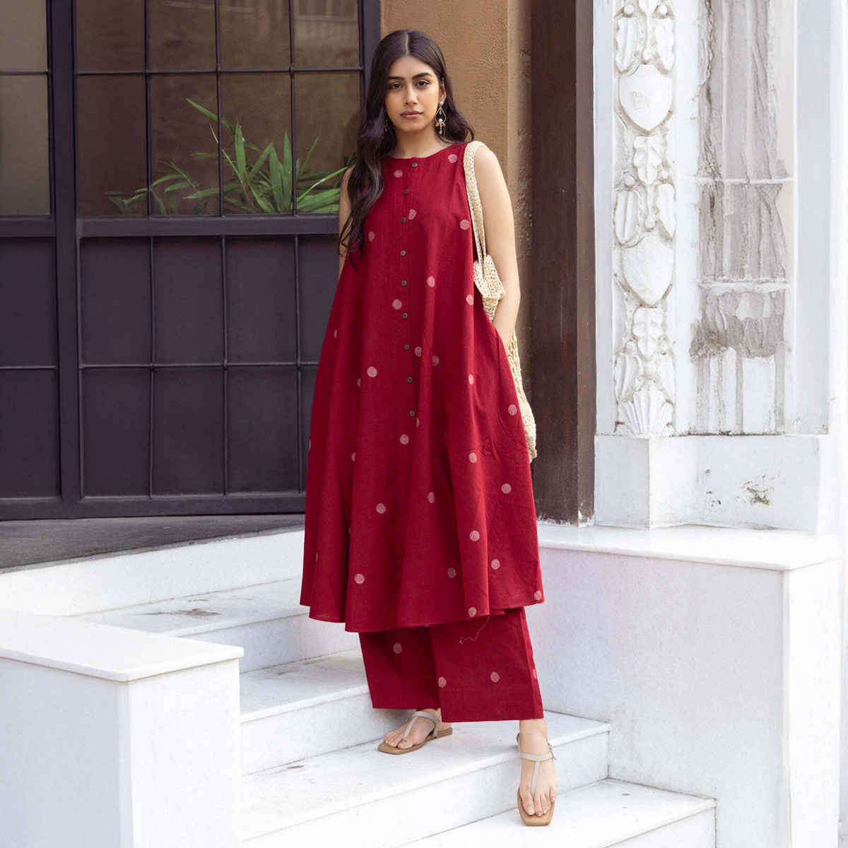 GoSriKi Women's Viscose Rayon Anarkali Polka Print Kurta with Palazzo | Red - XL