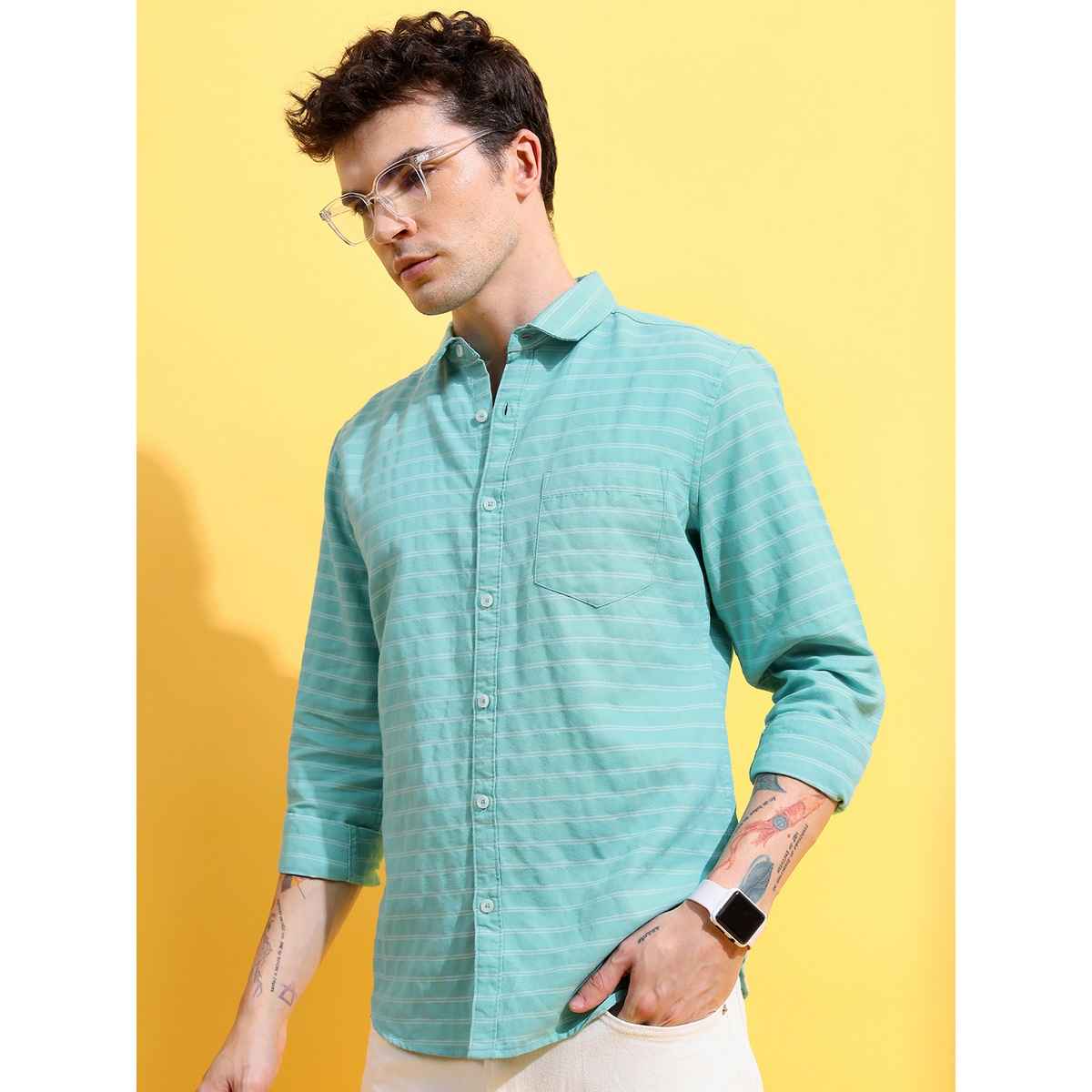 Ketch Men Horizontal Striped Slim Fit Casual Shirt | Green | S