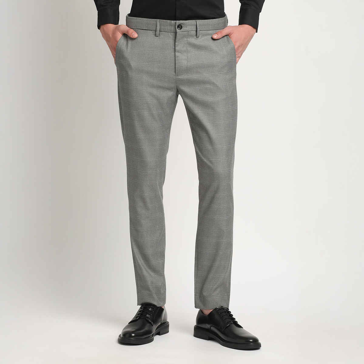 The Bear House Men Slim Fit Checked Polyester Blend Formal Trouser - Caneel | Grey | 32