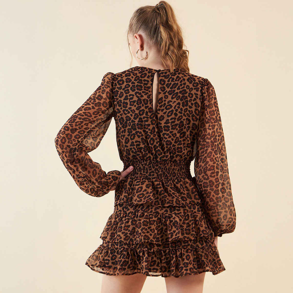 Freehand Women's Fit and Flared Animal Party Round Neck Dress | Brown - S