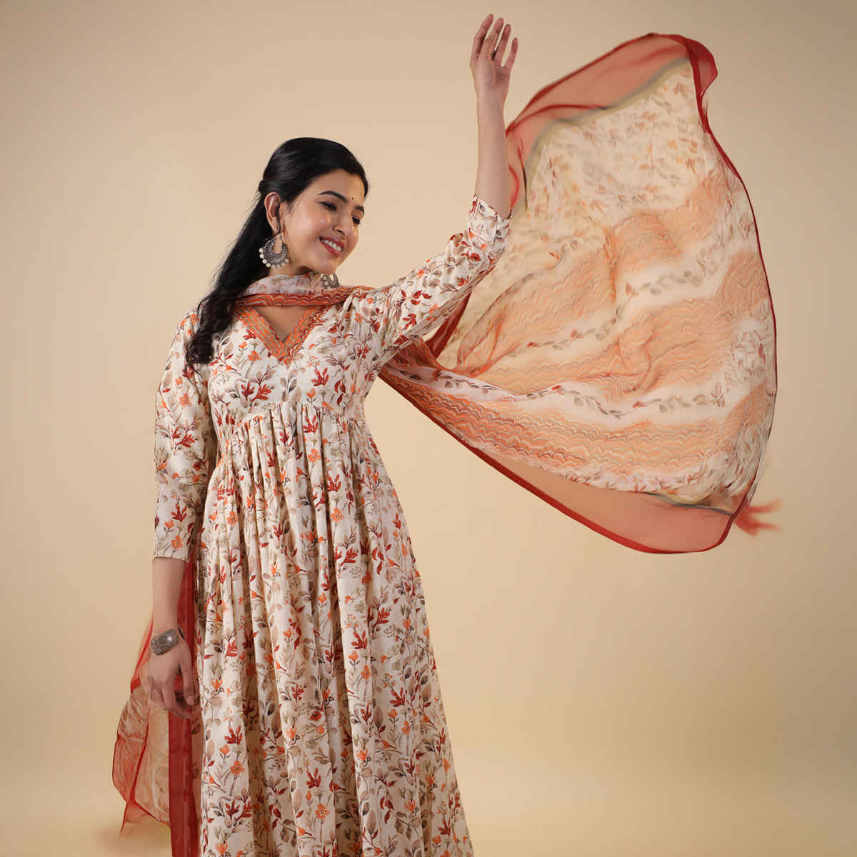 Janasya Women's Rayon Floral Printed A-line Kurta Set | Cream - XXL
