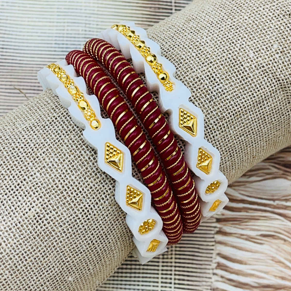 The Opal Factory | Sakha Pola | Geometric Gold Embedded Plastic Bangle | White and Red - 2.6