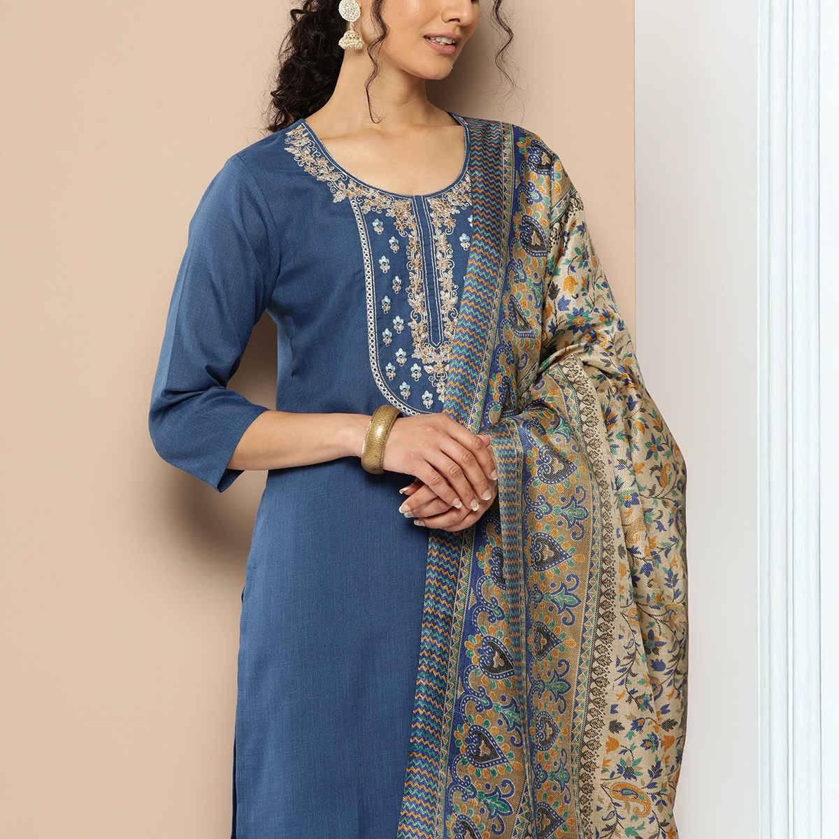 Varanga Women's Embroidered Straight Kurta Paired with Tonal Bottom And Printed Dupatta | Blue - L