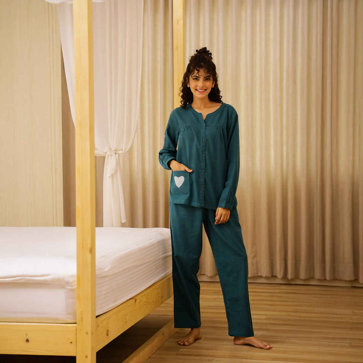 Sanskrutihomes Women's Pure Cotton Night suits | SE-NSP-707 | Teal - L