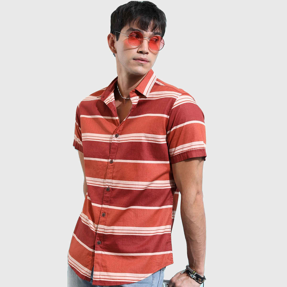 Ketch Men Horizontal Striped Spread Collar Cotton Slim Fit Casual Shirt | Brown | S