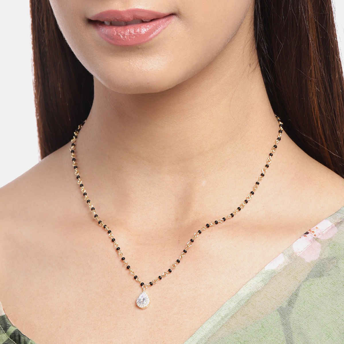 Carlton London 18Kt Gold-Plated CZ-Studded & Artificial Beaded Mangalsutra-B849916N/1