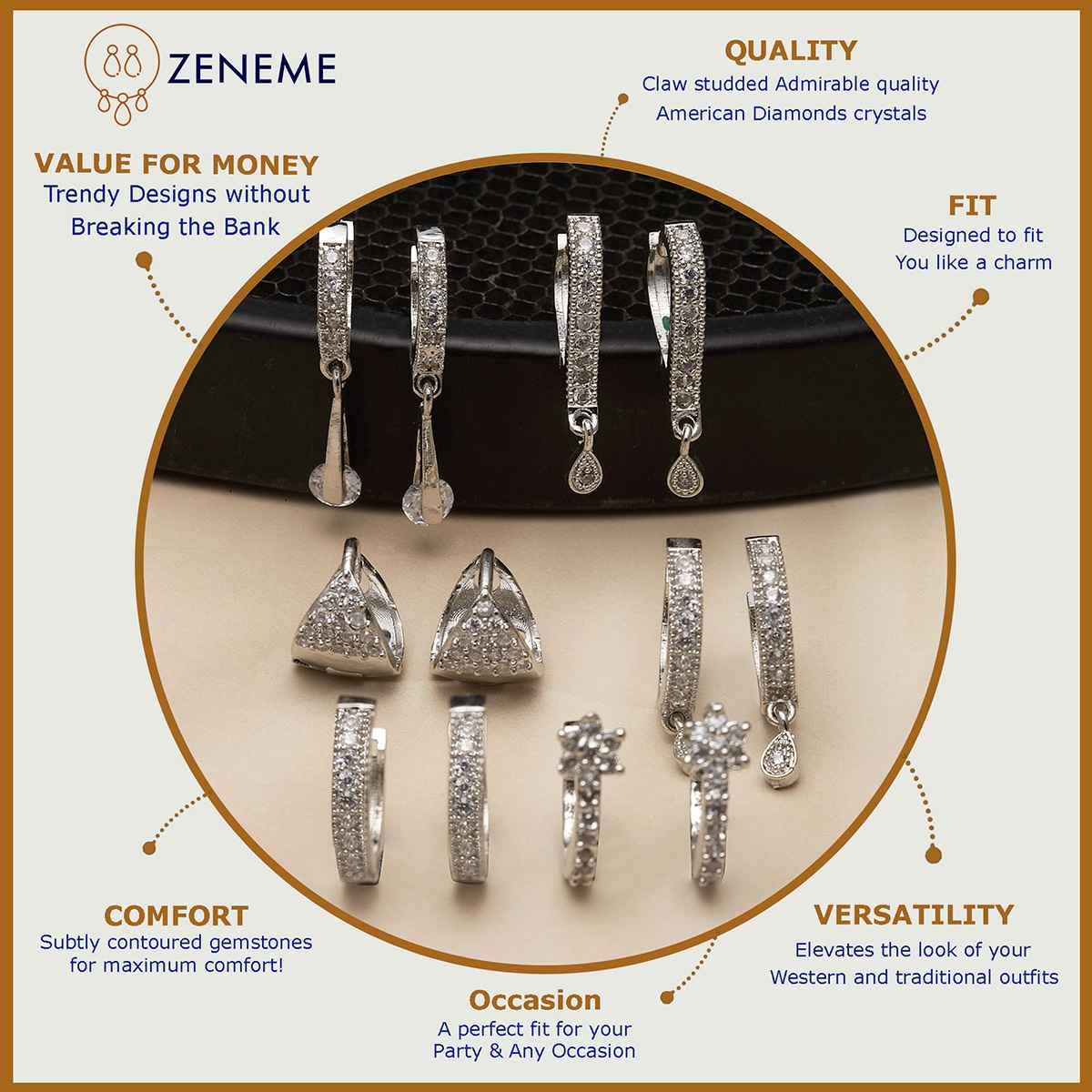 Zeneme Pack Of 6 Rhodium-Plated Teardrop Shaped Drop Earrings For Women & Girls