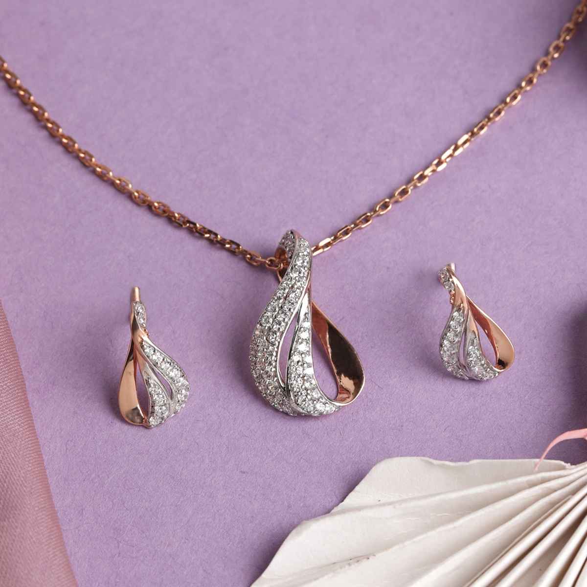 Clara 925 Sterling Silver Agda Pendant Earring Chain Jewellery Set | Rose Gold Rhodium Plated