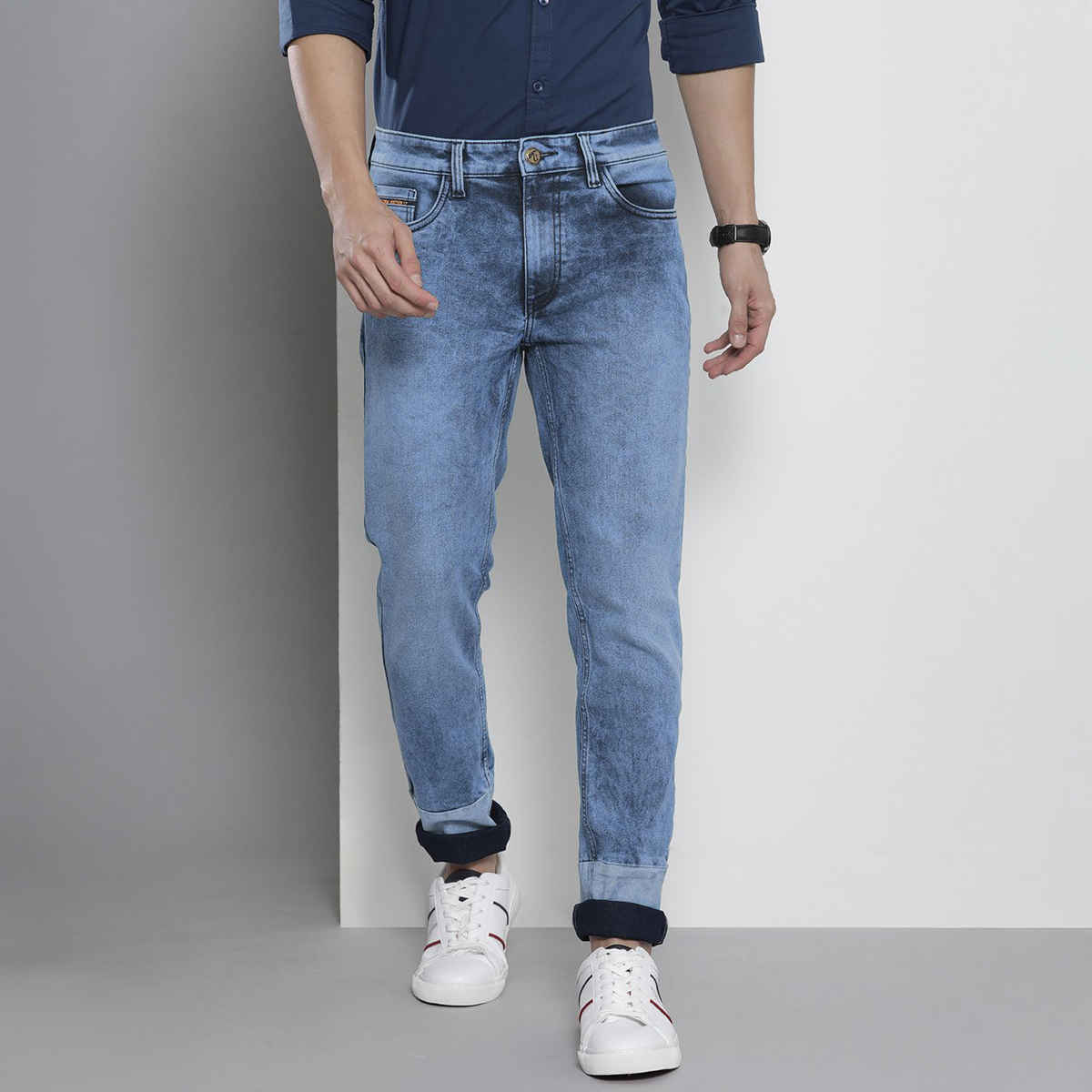 The Indian Garage Co Men's Regular Fit Colourblocked Casual Jeans | Blue | 30