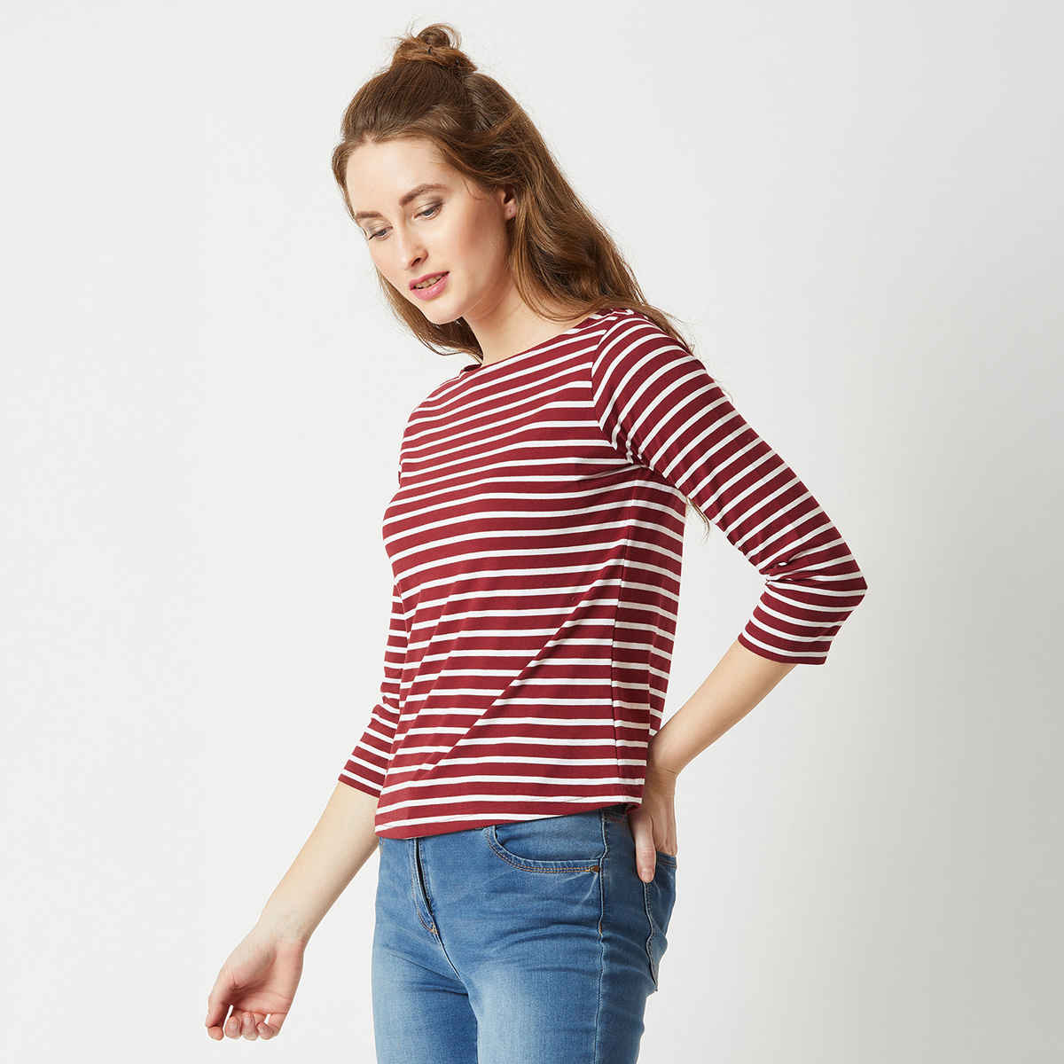 Miss Chase Women Boat Neck 3/4 Sleeve Cotton Striped Top | Maroon & White | L