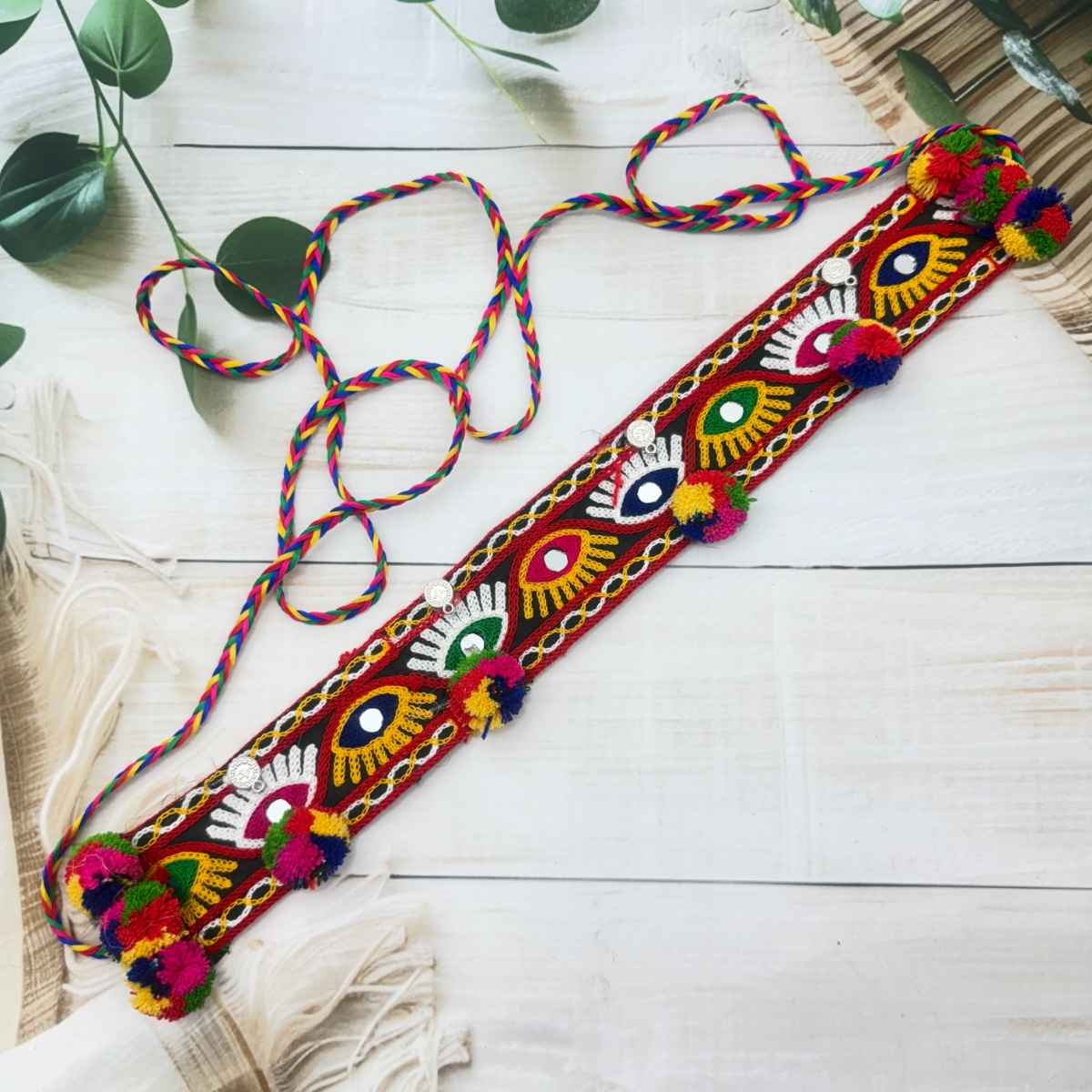 The Opal Factory | Fabric Jewelry | Embroidered Pom Pom Kamarbandh | Multicolor