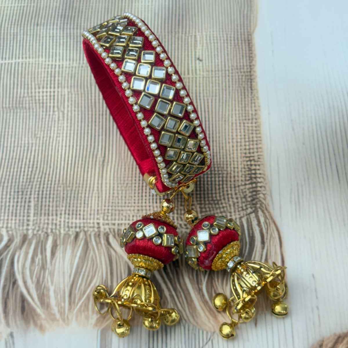 The Opal Factory Kundan Silk Thread Flexible Size Bangle | Jhumki Latkan | Red - Flexible