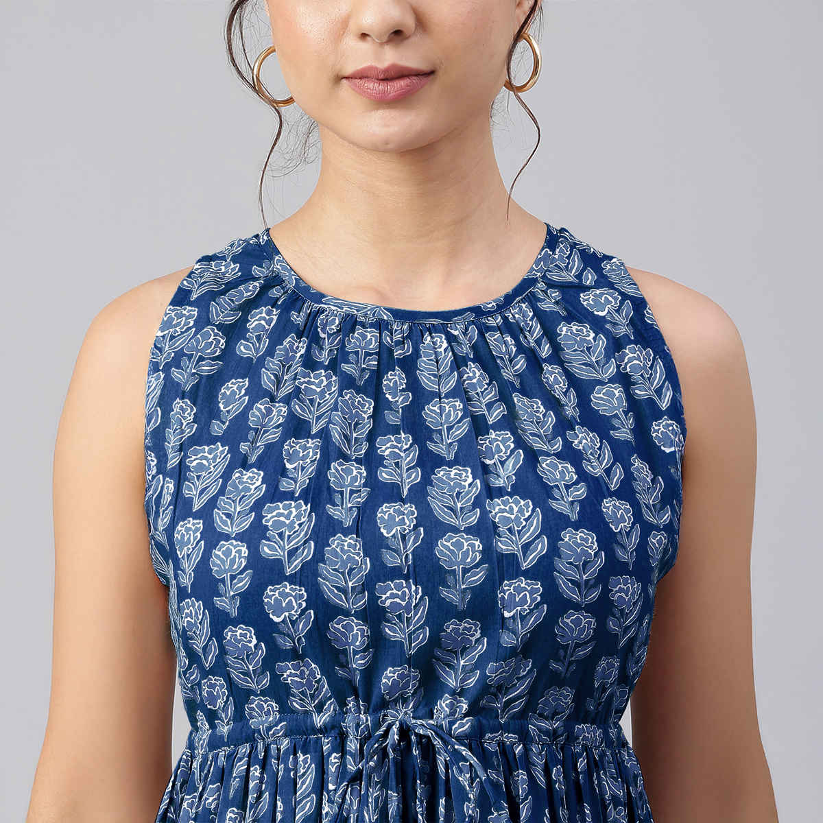 Janasya Women's Pure Cotton Floral Printed Tiered Dress | JAC24DR01521 | Indigo - L