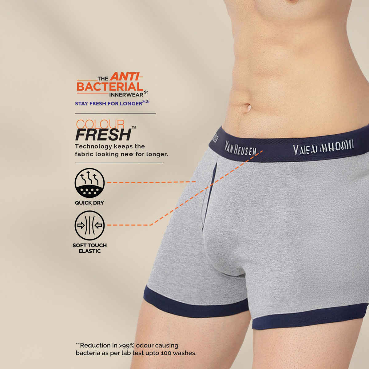 Van Heusen Apparel Men's Solid Trunks | Anti Bacterial | Grey Melange and Dark Navy - XL