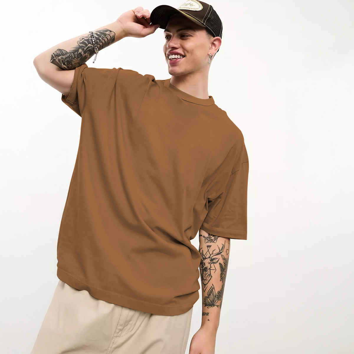 Chkokko Men's Oversized Solid Round Neck T-shirt | Golden Brown - S