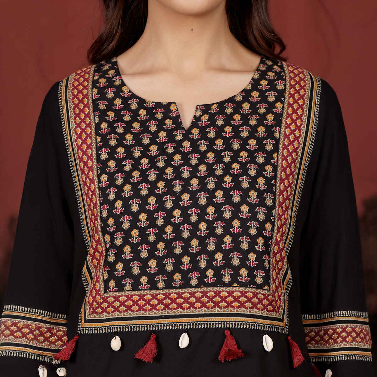 Varanga Women's Jaipuri Ethnic Printed Yoke Straight Kurta | Black - XL