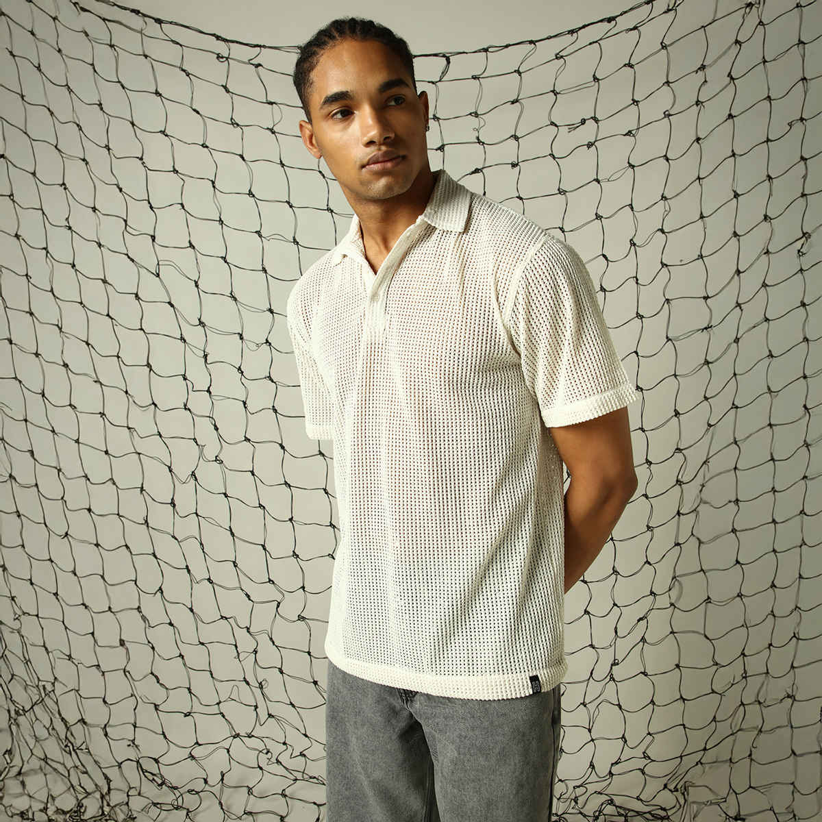 Hubberholme Men's Opaque Solid Cuban Collar Textured Fabric Oversized Casual Shirt | White - 38
