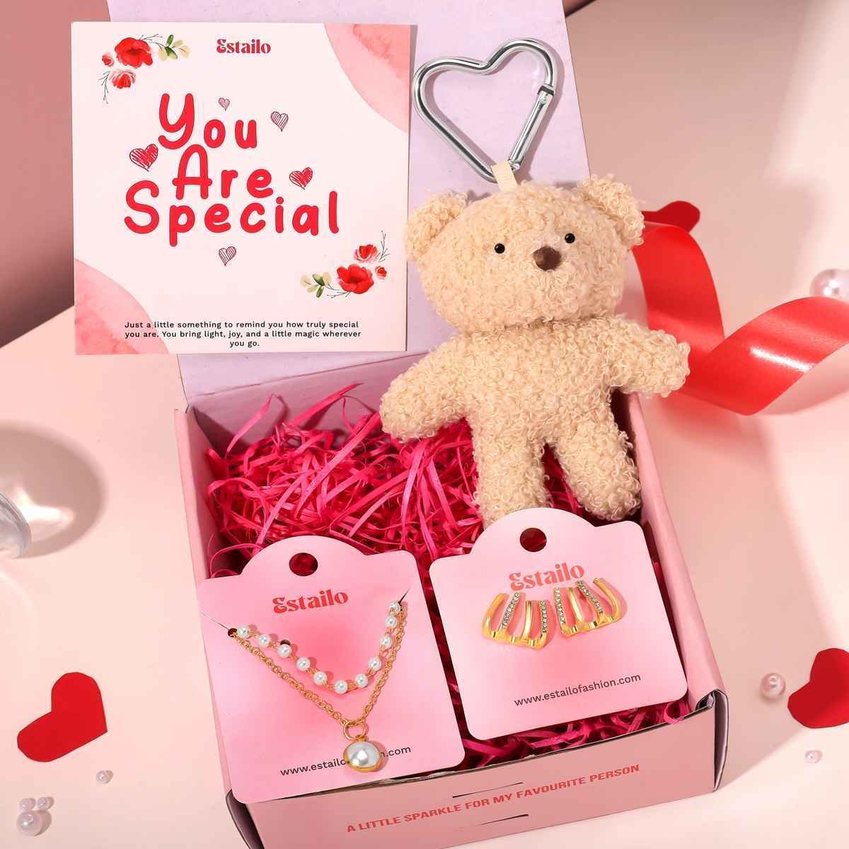 Estailo Fashion Gift Combo Teddy Keychain, Pearl Necklace & Earrings | Rakhi Gifts