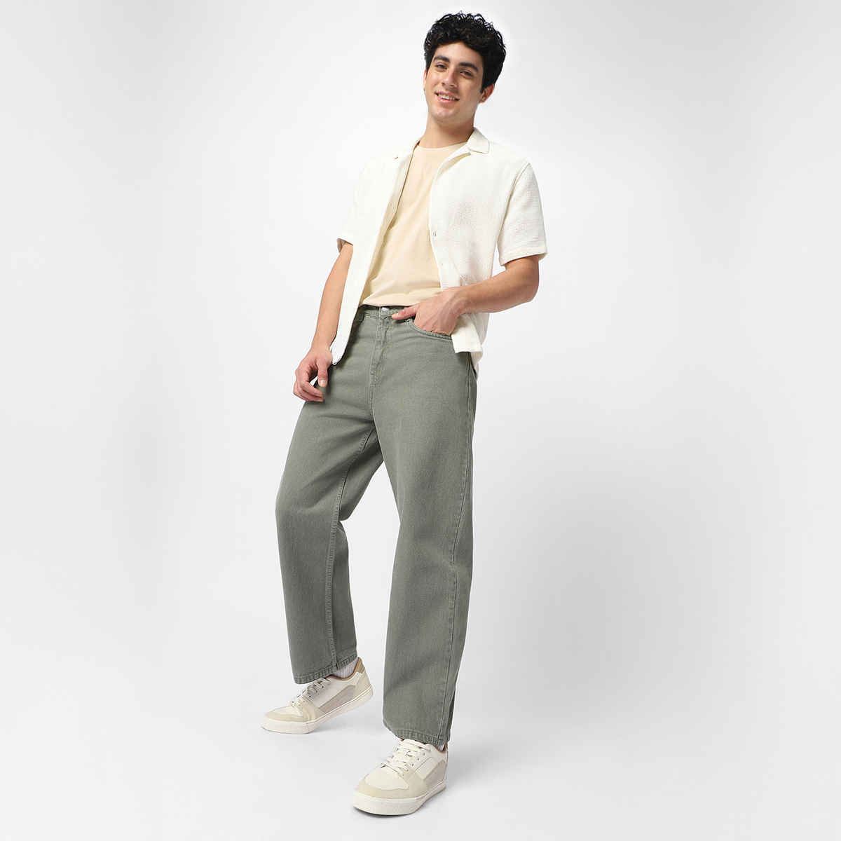 Urbano Fashion Men's Olive Green Loose Baggy Fit Washed Jeans Non-Stretchable-32