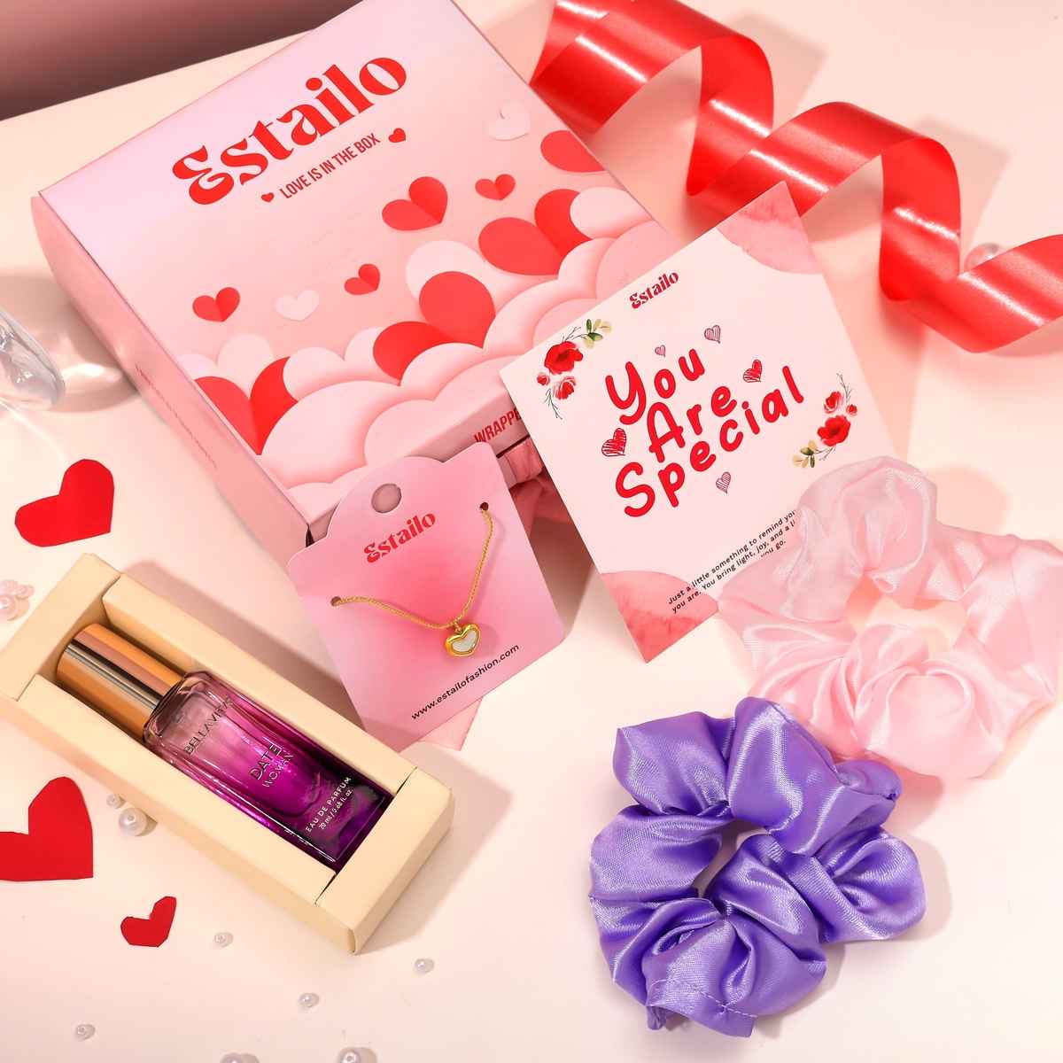Estailo Fashion Gift Box with Scrunchies, Perfume & Heart Pendant | Women's Day
