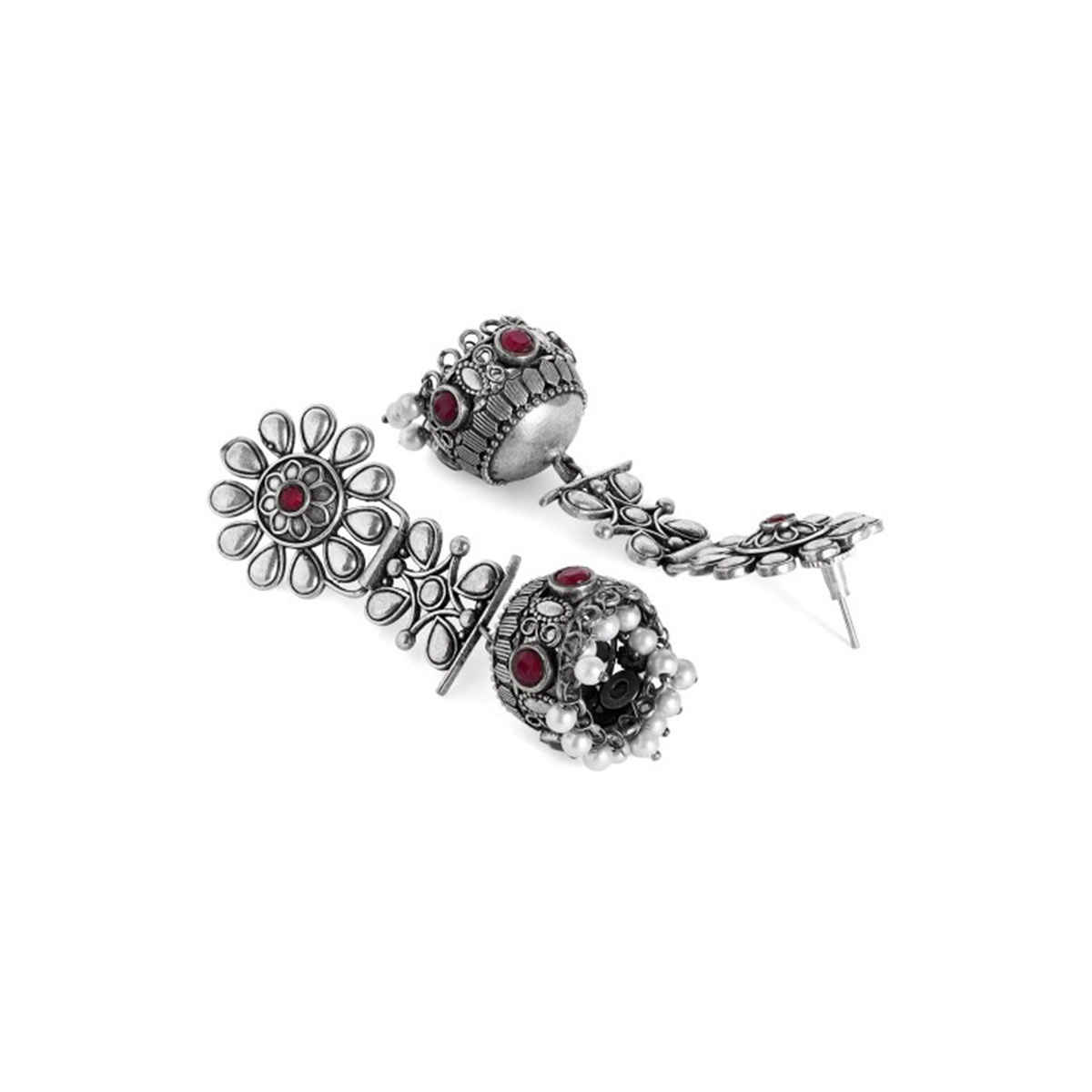 Rubans Oxidised Silver-Plated Jhumka Earrings with Ruby Red Stones and White Pearl Beads