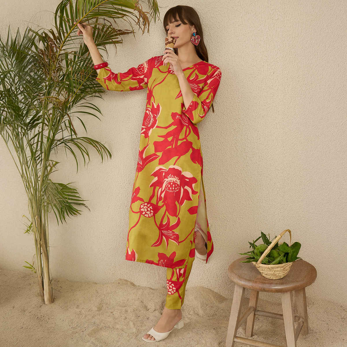 INDO ERA Women's Printed Straight Kurta Pant Set | KS9GN10420 | Green - XL