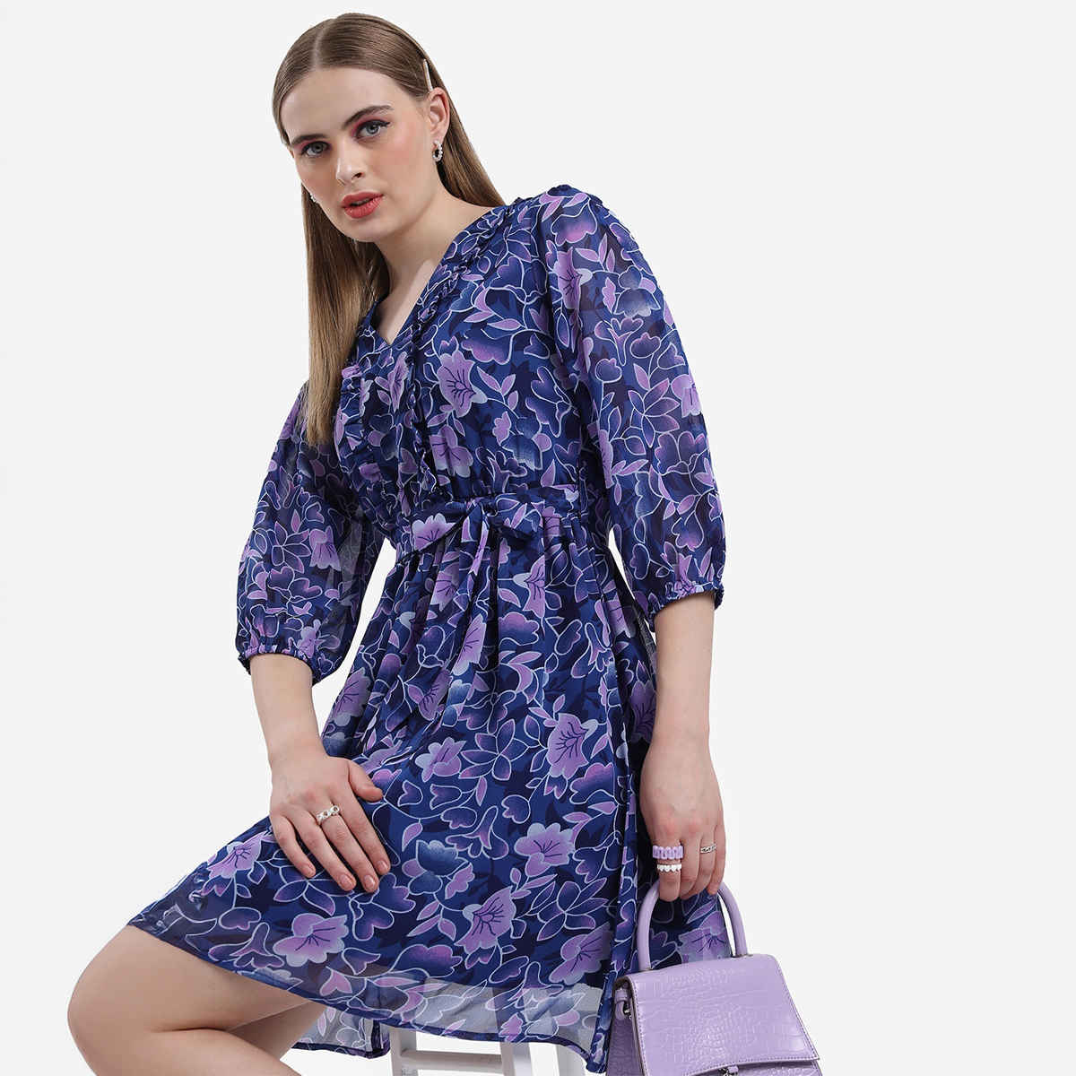 Ketch Women's Floral Printed Puff Sleeves Ruffled Fit & Flare Dress | Blue - L